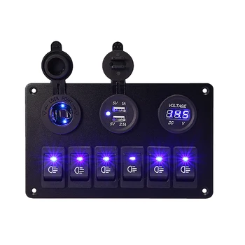 12V 6 Gang Araba Mavi LED Devre Rocker Anahtarı Paneli çift USB şarj tekne Rocker Anahtarı Kontrol Paneli Seti