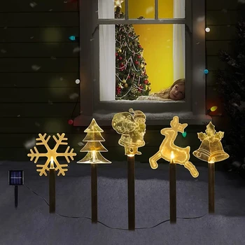 5 adet Elk Bells kar taneleri ışıkları LED güneş peyzaj Noel baba ışıkları yıldız Noel ağacı Garland ev açık çim dekorasyon