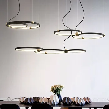 Modern Minimalizm daire Led kolye ışıkları siyah Metal halka asılı lamba Led Dim süspansiyon lamba aksesuarı yemek odası için